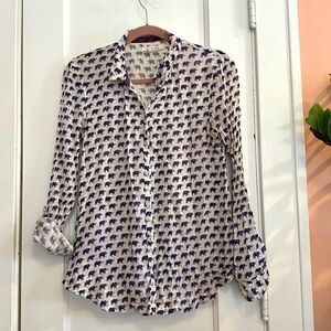 Anthropologie Cream and Blue Elephant Button Down Shirt